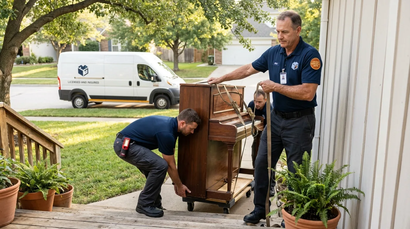 Licensed piano movers securing grand piano in Bowmansville, PA