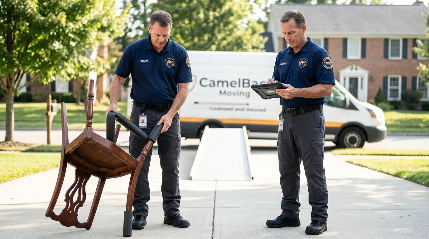 Movers inspecting furniture for damage prevention before loading in Bowmansville, PA