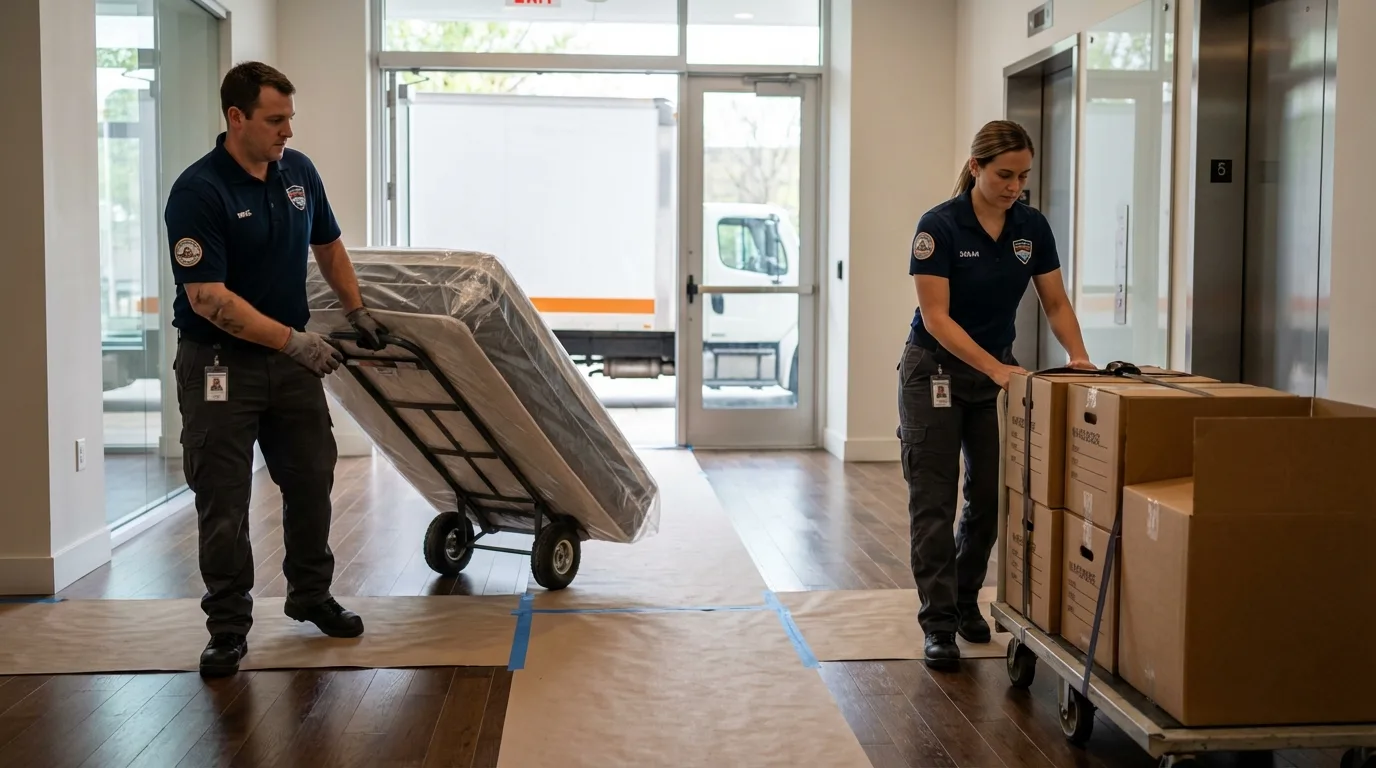 Professional apartment movers loading elevator in Bowmansville, PA